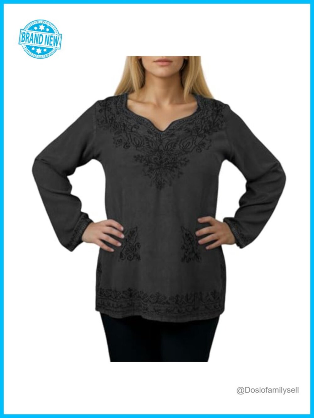 Boho Embroidered Long Sleeve V Neck Tunic Blouse